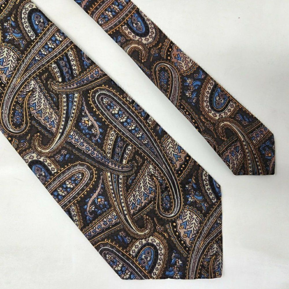 CHRISTIAN DIOR PARIS NEW YORK CRAVATES SILK TIE PAISLEY BROWN BLUE GOLD 4"
